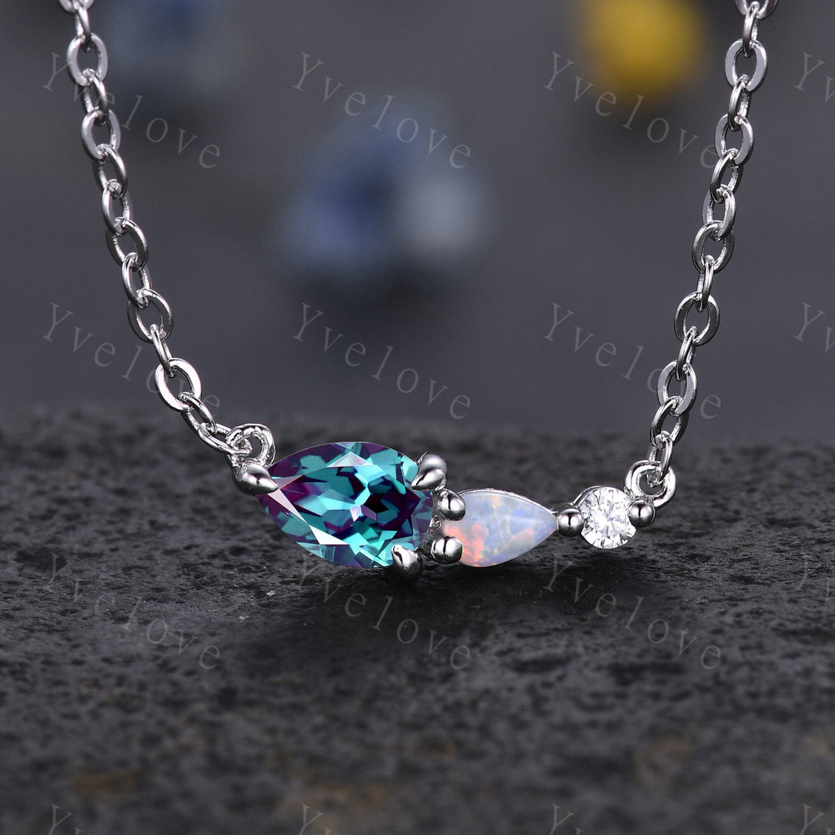 Unique Opal Moissanite 3 Stone Necklace,Pear Cut Gems Delicate Dainty Pendant,Art Deco Women Bridal Gift