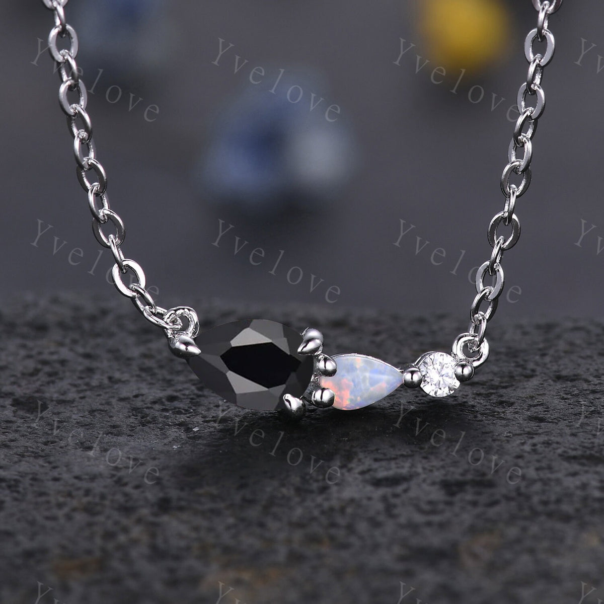 Unique Opal Moissanite 3 Stone Necklace,Pear Cut Gems Delicate Dainty Pendant,Art Deco Women Bridal Gift