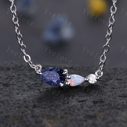 Unique Opal Moissanite 3 Stone Necklace,Pear Cut Gems Delicate Dainty Pendant,Art Deco Women Bridal Gift