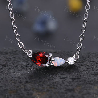 Unique Opal Moissanite 3 Stone Necklace,Pear Cut Gems Delicate Dainty Pendant,Art Deco Women Bridal Gift