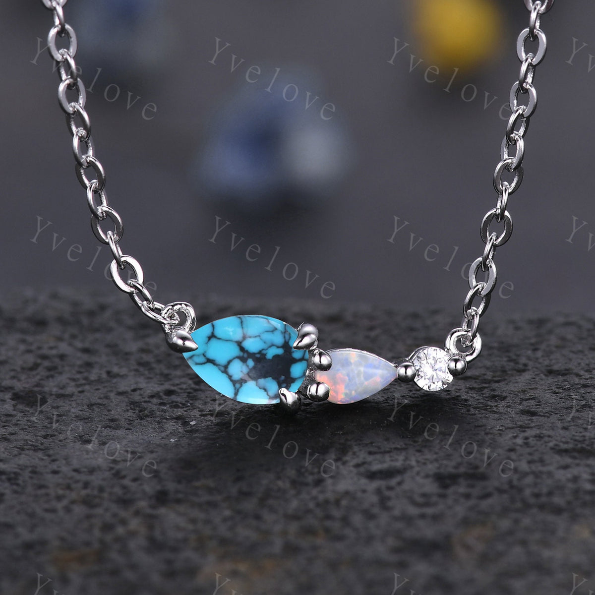 Unique Opal Moissanite 3 Stone Necklace,Pear Cut Gems Delicate Dainty Pendant,Art Deco Women Bridal Gift