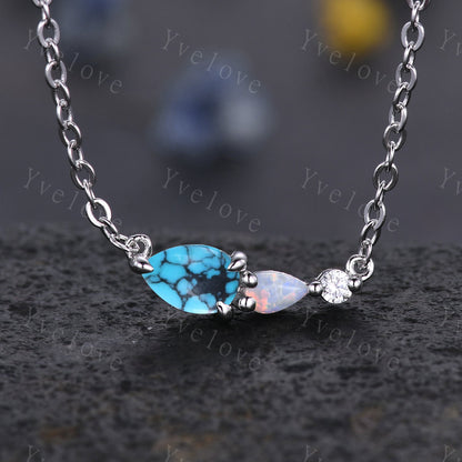 Unique Opal Moissanite 3 Stone Necklace,Pear Cut Gems Delicate Dainty Pendant,Art Deco Women Bridal Gift