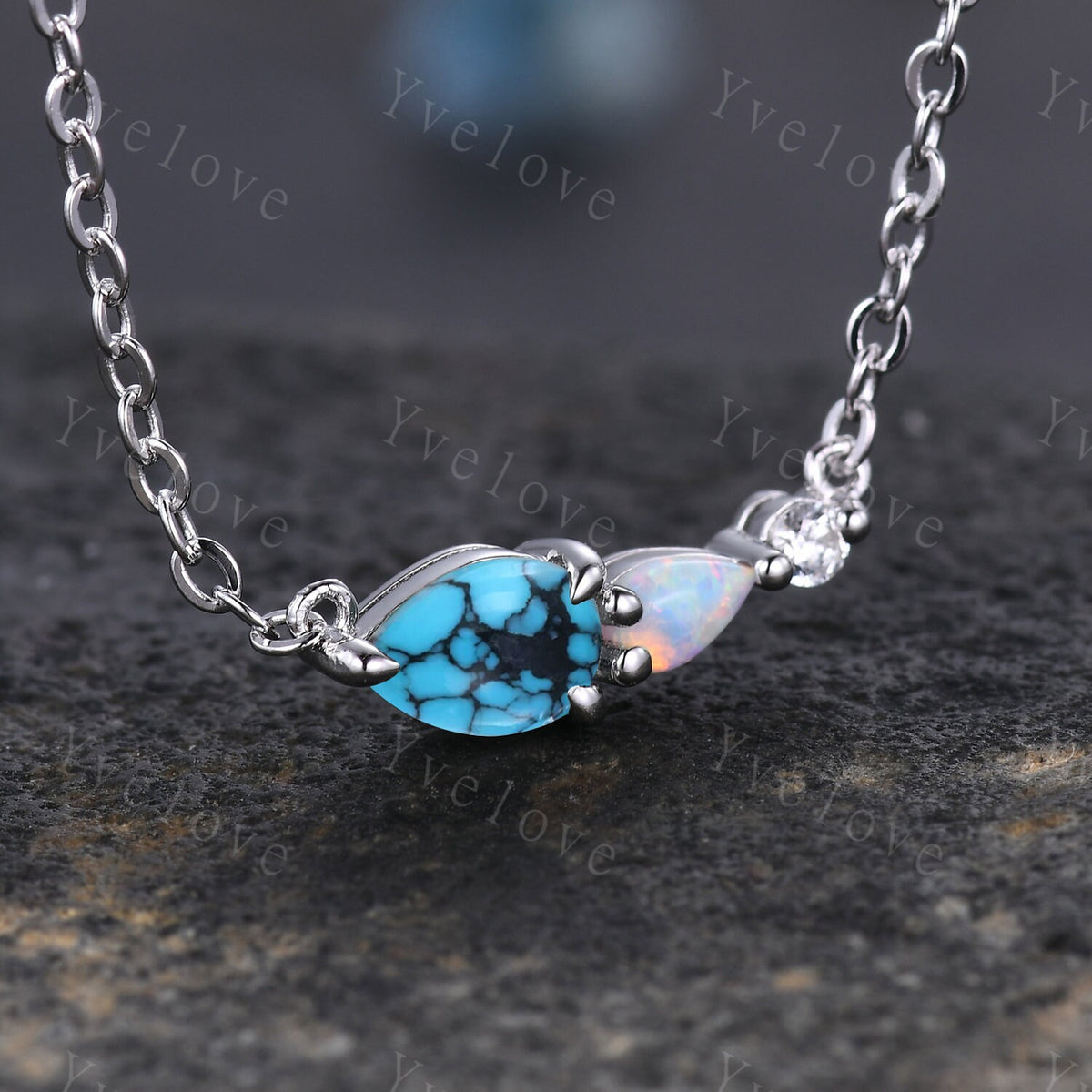 Unique Opal Moissanite 3 Stone Necklace,Pear Cut Gems Delicate Dainty Pendant,Art Deco Women Bridal Gift