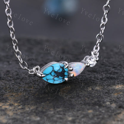 Unique Opal Moissanite 3 Stone Necklace,Pear Cut Gems Delicate Dainty Pendant,Art Deco Women Bridal Gift
