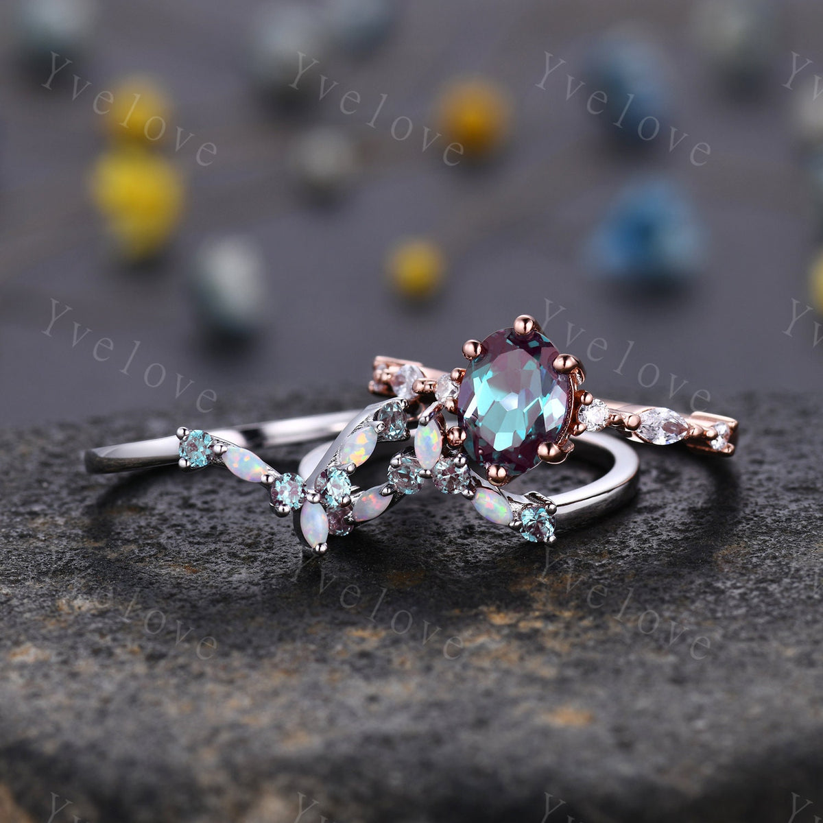 Vintage alexandite engagement ring set,Unique gold wedding set,Art deco opal alexandrite matching stacking ring,bridal set,rings for women