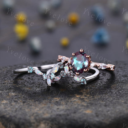 Vintage alexandite engagement ring set,Unique gold wedding set,Art deco opal alexandrite matching stacking ring,bridal set,rings for women