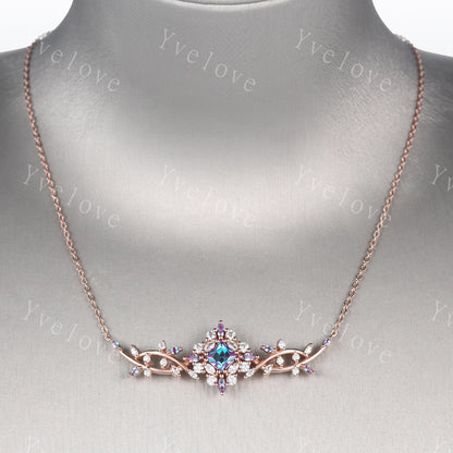 Unique Princess shaped Alexandrite Pendant,Cluster Alexandrite Necklace,Pinky Gold Art Deco Moissanite Necklace,June Gift,Retro Women Gift