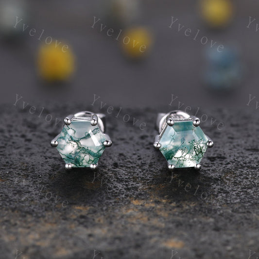 Dainty Hexagaon Moss agate earrings natural gemstone jewelry unique earrings studs art deco earring anniversary gift for her Birthday Gift