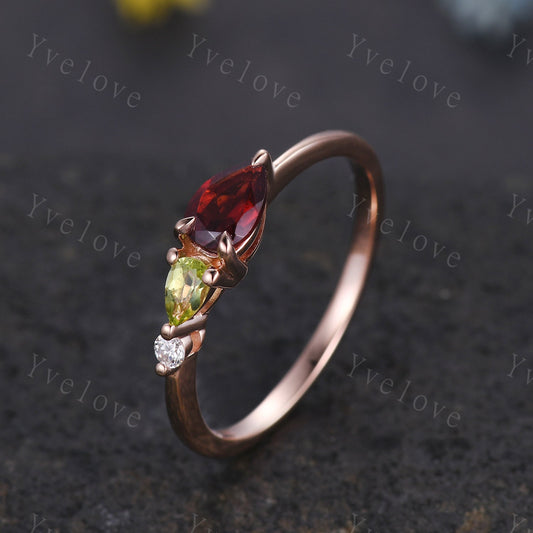 Vintage Red Garnet Peridot Engagement Ring,Pear Cut Gems,Art Deco Moissanite Wedding Band,3 Stone Unique Women Bridal Promise Ring,Custom