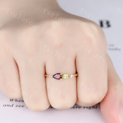 Vintage Red Garnet Peridot Engagement Ring,Pear Cut Gems,Art Deco Moissanite Wedding Band,3 Stone Unique Women Bridal Promise Ring,Custom
