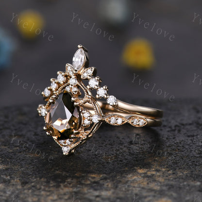Vintage Smoky Quartz Engagement Ring,Pear Shape Brown Quartz Ring,14K Solid Gold Ring,Unique Women Moissanite Promise Ring For Her,Handmade