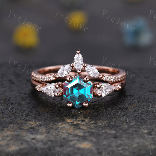 Vintage Hexagon Alexandrite Engagement Ring Set Rose Gold Women Moissanite  Matching Band Promise Bridal Stacking Ring Set Gift for her