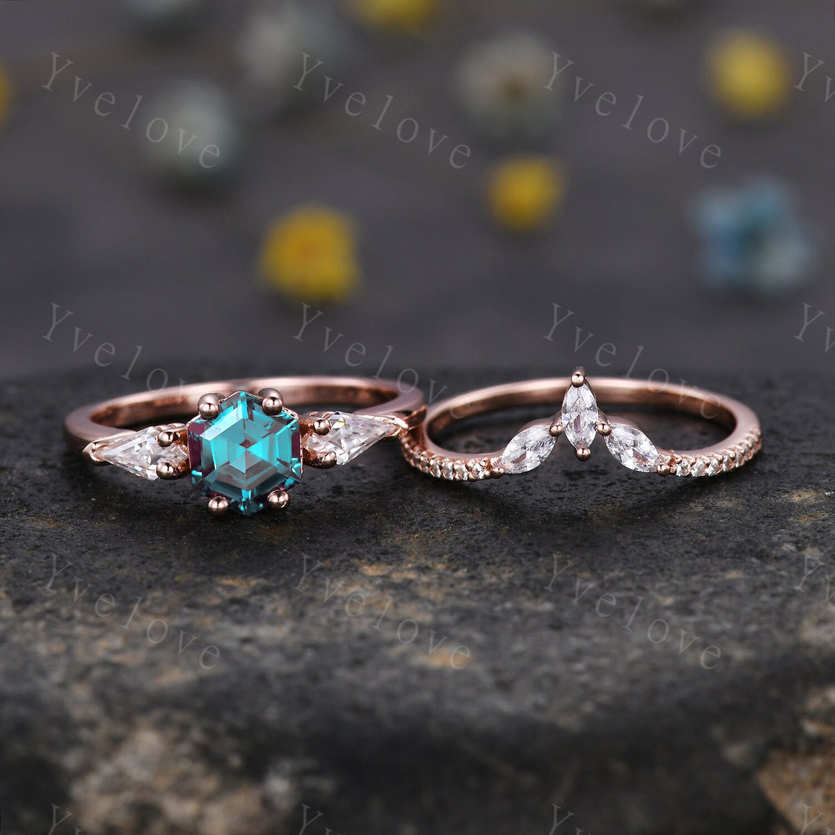 Vintage Hexagon Alexandrite Engagement Ring Set Rose Gold Women Moissanite  Matching Band Promise Bridal Stacking Ring Set Gift for her
