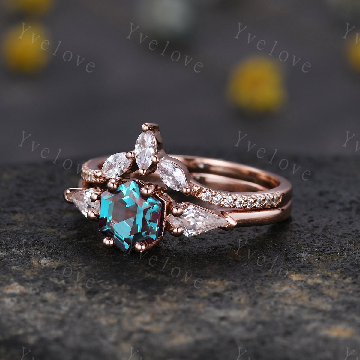 Vintage Hexagon Alexandrite Engagement Ring Set Rose Gold Women Moissanite  Matching Band Promise Bridal Stacking Ring Set Gift for her