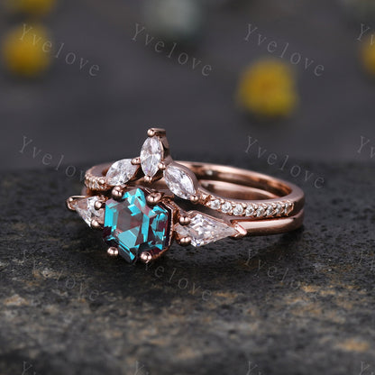 Vintage Hexagon Alexandrite Engagement Ring Set Rose Gold Women Moissanite  Matching Band Promise Bridal Stacking Ring Set Gift for her