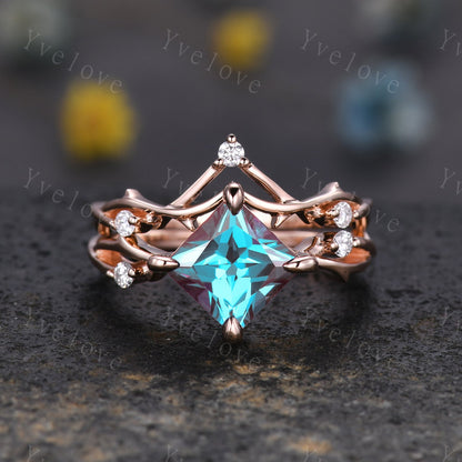 Vintage Princess Cut Alexandrite Engagement Ring Set,Twisted Ring,Leaf Vine Alexandrite Bridal Set,Branch Ring,Dainty Twig Diamond Ring Gift