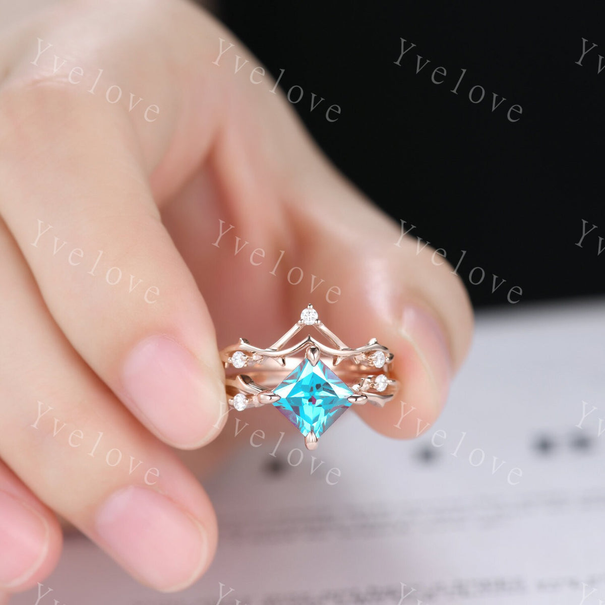 Vintage Princess Cut Alexandrite Engagement Ring Set,Twisted Ring,Leaf Vine Alexandrite Bridal Set,Branch Ring,Dainty Twig Diamond Ring Gift
