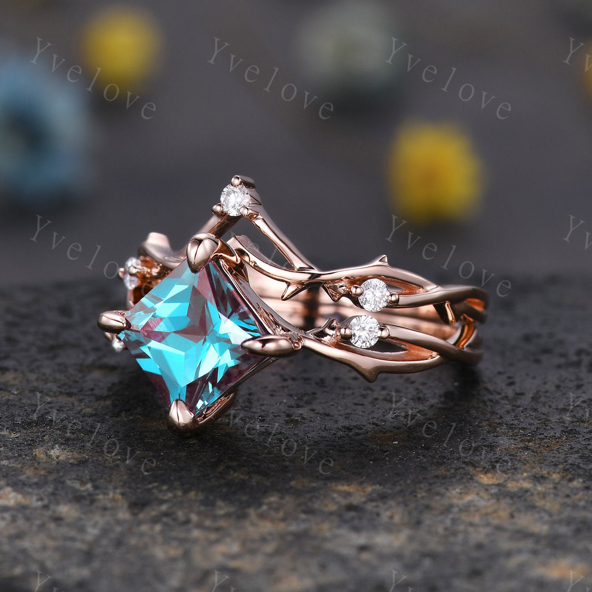 Vintage Princess Cut Alexandrite Engagement Ring Set,Twisted Ring,Leaf Vine Alexandrite Bridal Set,Branch Ring,Dainty Twig Diamond Ring Gift