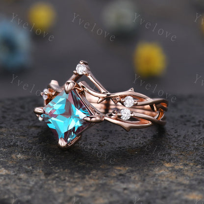 Vintage Princess Cut Alexandrite Engagement Ring Set,Twisted Ring,Leaf Vine Alexandrite Bridal Set,Branch Ring,Dainty Twig Diamond Ring Gift