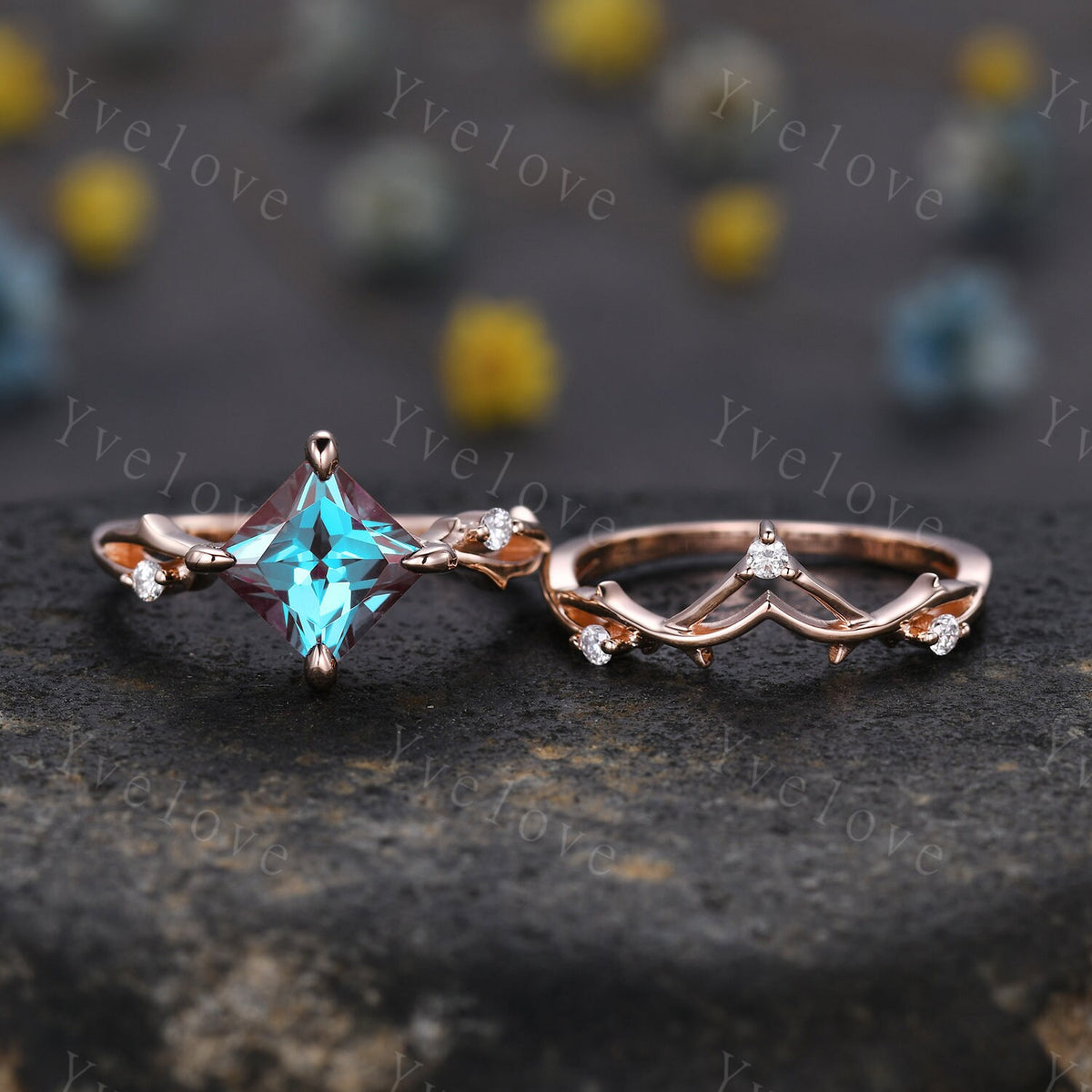 Vintage Princess Cut Alexandrite Engagement Ring Set,Twisted Ring,Leaf Vine Alexandrite Bridal Set,Branch Ring,Dainty Twig Diamond Ring Gift