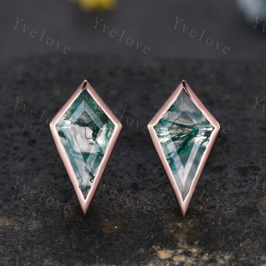 Dainty Kite cut Moss agate earrings natural gemstone jewelry unique earrings studs art deco earring anniversary gift for her Birthday Gift