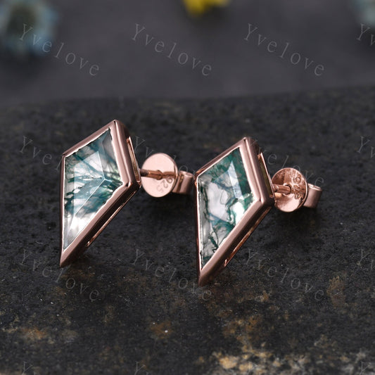 Dainty Kite cut Moss agate earrings natural gemstone jewelry unique earrings studs art deco earring anniversary gift for her Birthday Gift