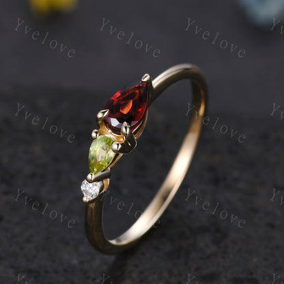 Vintage Red Garnet Peridot Engagement Ring,Pear Cut Gems,Art Deco Moissanite Wedding Band,3 Stone Unique Women Bridal Promise Ring,Custom