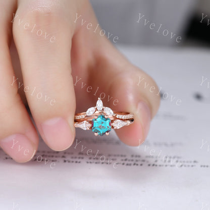 Vintage Hexagon Alexandrite Engagement Ring Set Rose Gold Women Moissanite  Matching Band Promise Bridal Stacking Ring Set Gift for her