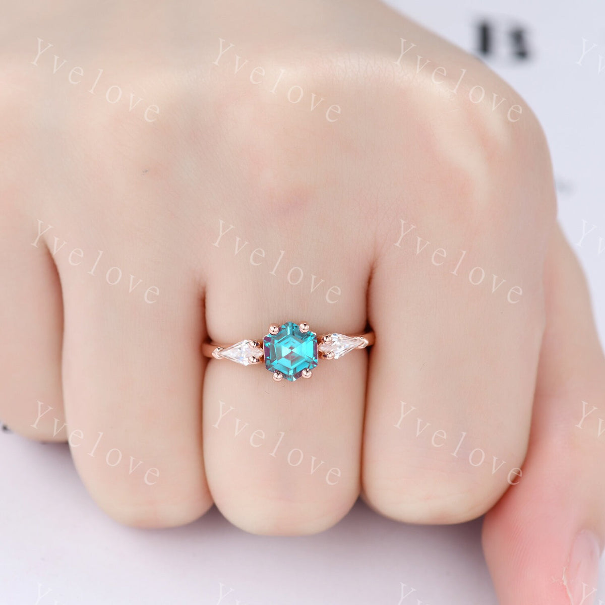 Vintage Hexagon Alexandrite Engagement Ring Set Rose Gold Women Moissanite  Matching Band Promise Bridal Stacking Ring Set Gift for her