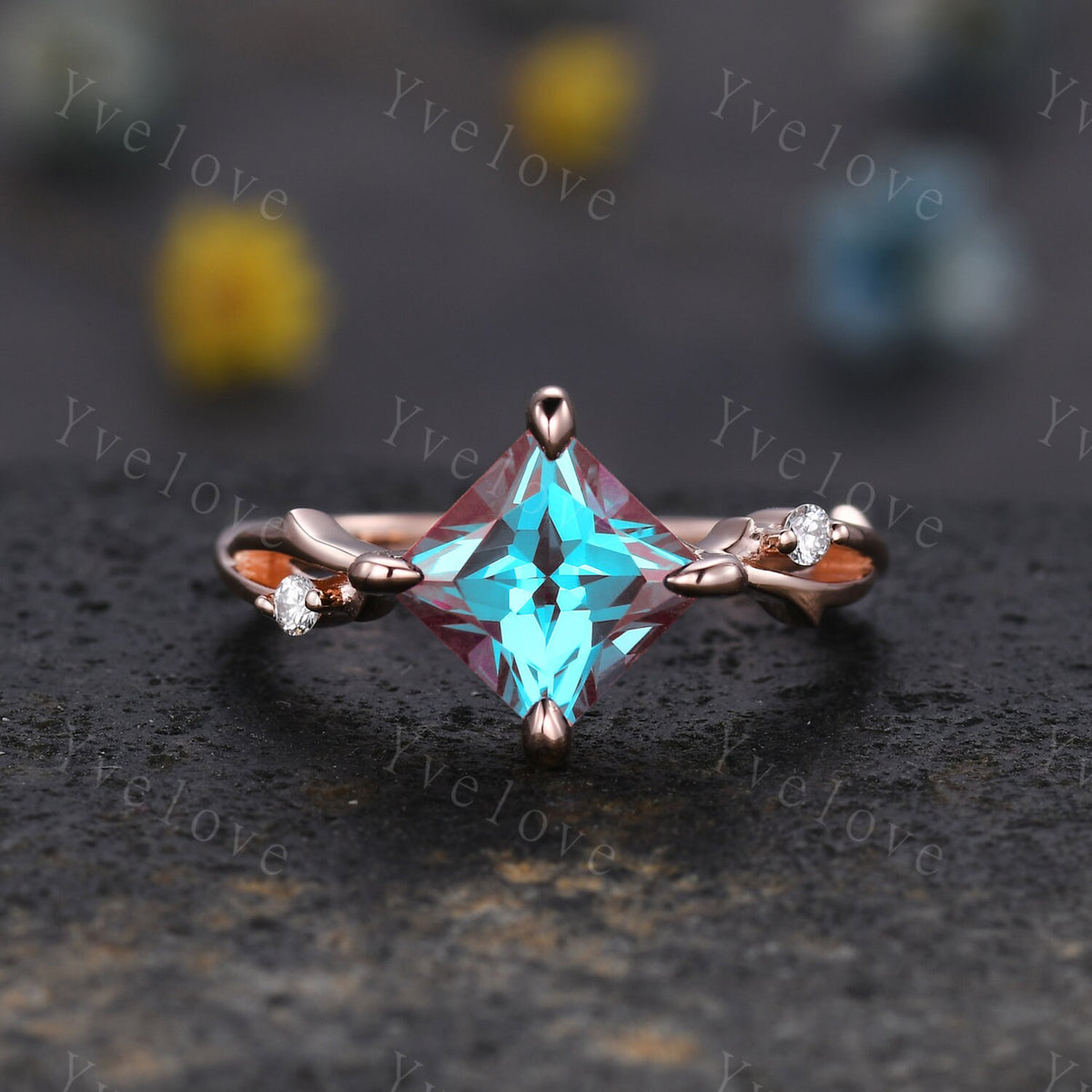 Vintage Princess Cut Alexandrite Engagement Ring Set,Twisted Ring,Leaf Vine Alexandrite Bridal Set,Branch Ring,Dainty Twig Diamond Ring Gift