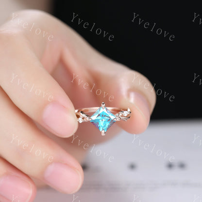 Vintage Princess Cut Alexandrite Engagement Ring Set,Twisted Ring,Leaf Vine Alexandrite Bridal Set,Branch Ring,Dainty Twig Diamond Ring Gift