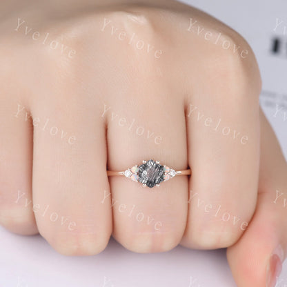 Unique Black Rutilated Quartz Engagement Ring,Opal Moissanite Rings for Women,Cluster Ring,Vintage Anniversary Stack Promise Ring,Handmade