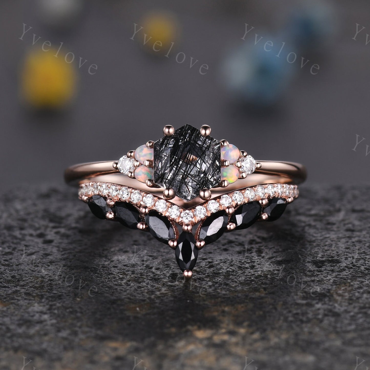 Unique Black Rutilated Quartz Engagement Ring,Opal Moissanite Rings for Women,Cluster Ring,Vintage Anniversary Stack Promise Ring,Handmade