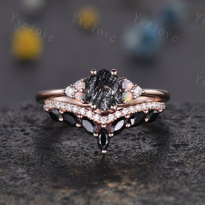 Unique Black Rutilated Quartz Engagement Ring,Opal Moissanite Rings for Women,Cluster Ring,Vintage Anniversary Stack Promise Ring,Handmade