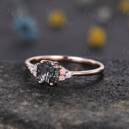 Unique Black Rutilated Quartz Engagement Ring,Opal Moissanite Rings for Women,Cluster Ring,Vintage Anniversary Stack Promise Ring,Handmade