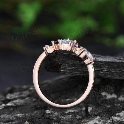 Vintage oval Aquamarine ring cluster Baguette sapphire ring dainty tanzanite ring women solid 14k rose gold anniversary wedding ring gift