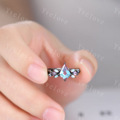 Vintage Kite Alexandrite Engagement Ring Set,Black Gold,Vines Amethyst Opal Ring,Women Bridal Set,Unique Twig Anniversary Promise Ring Gift