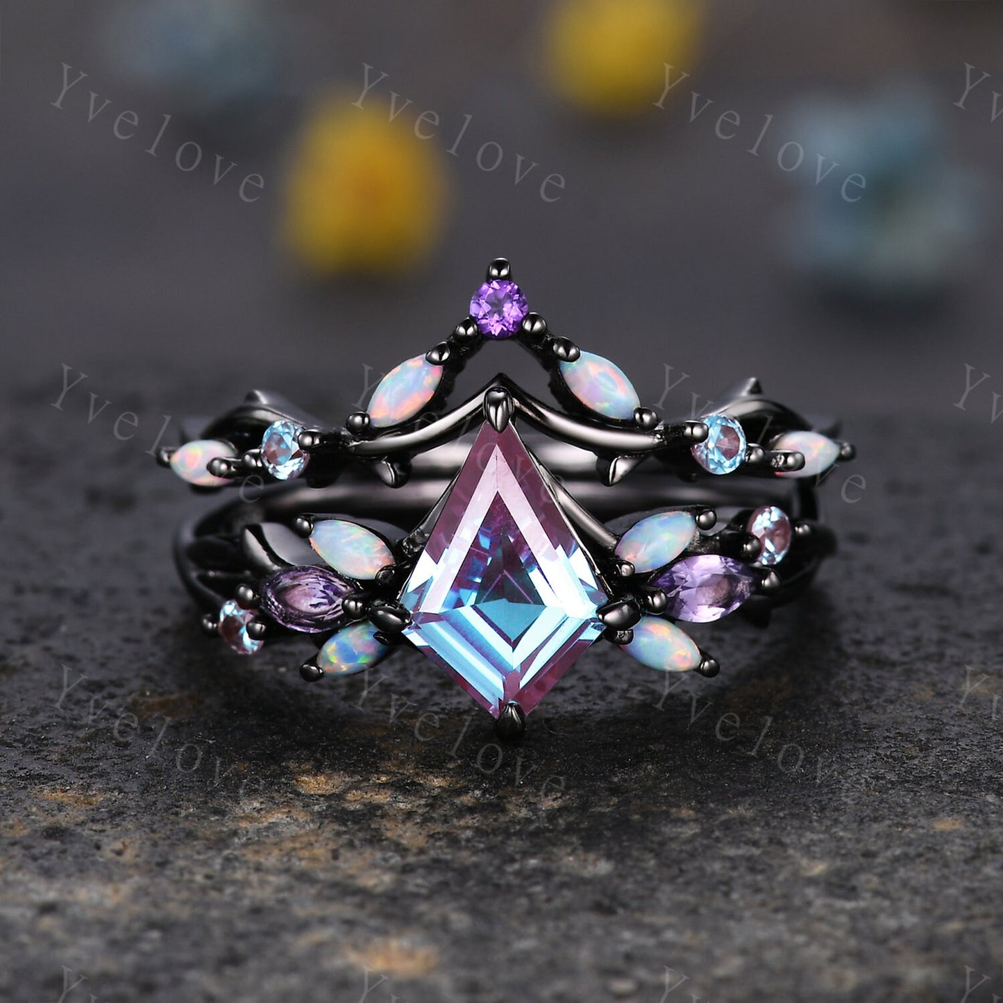 Vintage Kite Alexandrite Engagement Ring Set,Black Gold,Vines Amethyst Opal Ring,Women Bridal Set,Unique Twig Anniversary Promise Ring Gift