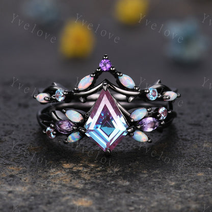 Vintage Kite Alexandrite Engagement Ring Set,Black Gold,Vines Amethyst Opal Ring,Women Bridal Set,Unique Twig Anniversary Promise Ring Gift