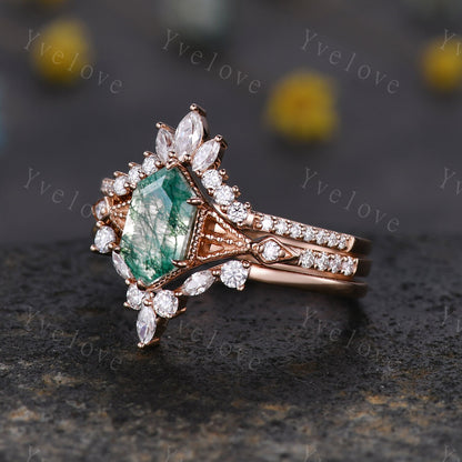 Vintage Moss agate engagement ring,hexagon moss agate ring set,Moissanite gold band,Moss agate fine jewelry,Promise ring set,14k rose gold