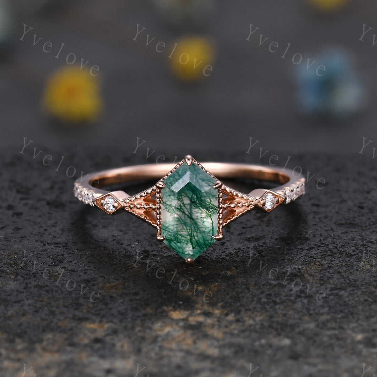 Vintage Moss agate engagement ring,hexagon moss agate ring set,Moissanite gold band,Moss agate fine jewelry,Promise ring set,14k rose gold