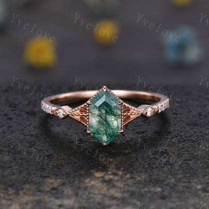 Vintage Moss agate engagement ring,hexagon moss agate ring set,Moissanite gold band,Moss agate fine jewelry,Promise ring set,14k rose gold