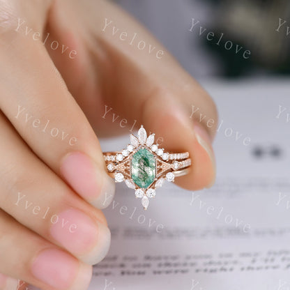 Vintage Moss agate engagement ring,hexagon moss agate ring set,Moissanite gold band,Moss agate fine jewelry,Promise ring set,14k rose gold