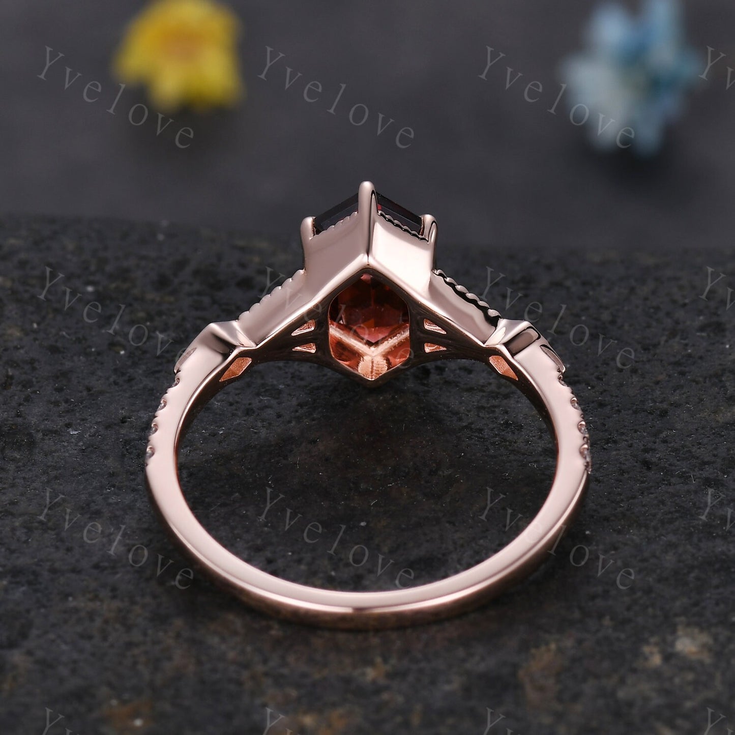 Vintage Long Hexagon Cut  Garnet Ring Moissanite Rose Gold Band Garnet Jewelry Art Deco  Promise Engagement Ring For Women July Ring Gift