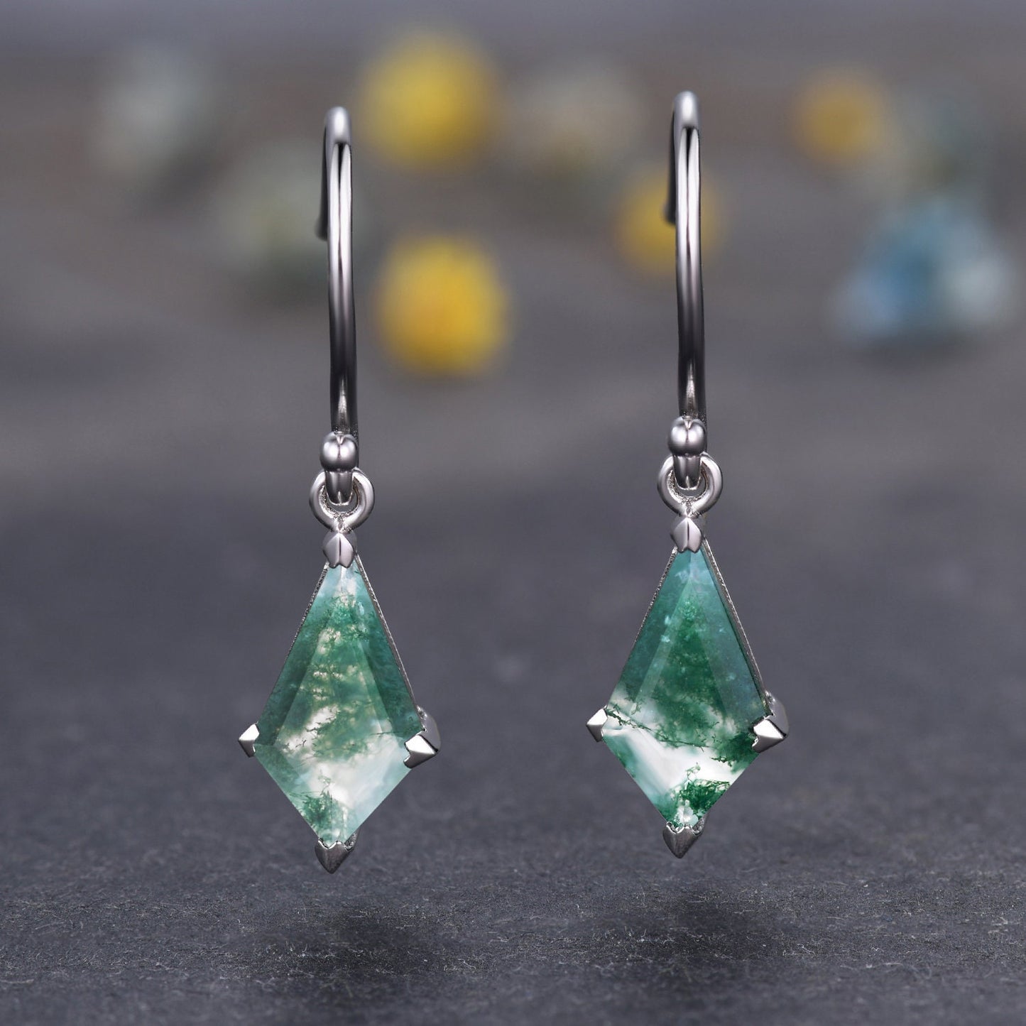 Vintage Kite cut Moss agate earrings natural gemstone jewelry unique earrings women art deco earring best friend gift for her Birthday Gift