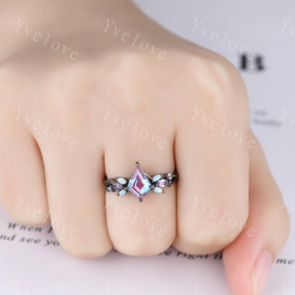 Vintage Kite Alexandrite Engagement Ring Set,Black Gold,Vines Amethyst Opal Ring,Women Bridal Set,Unique Twig Anniversary Promise Ring Gift