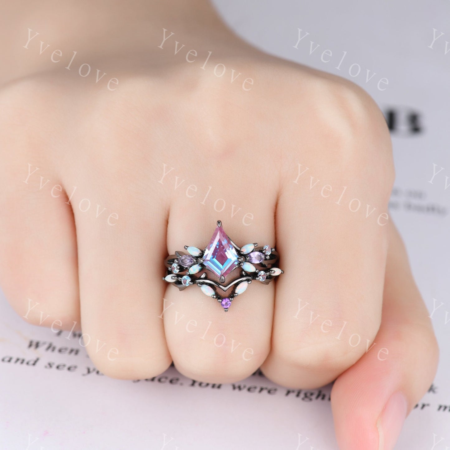 Vintage Kite Alexandrite Engagement Ring Set,Black Gold,Vines Amethyst Opal Ring,Women Bridal Set,Unique Twig Anniversary Promise Ring Gift