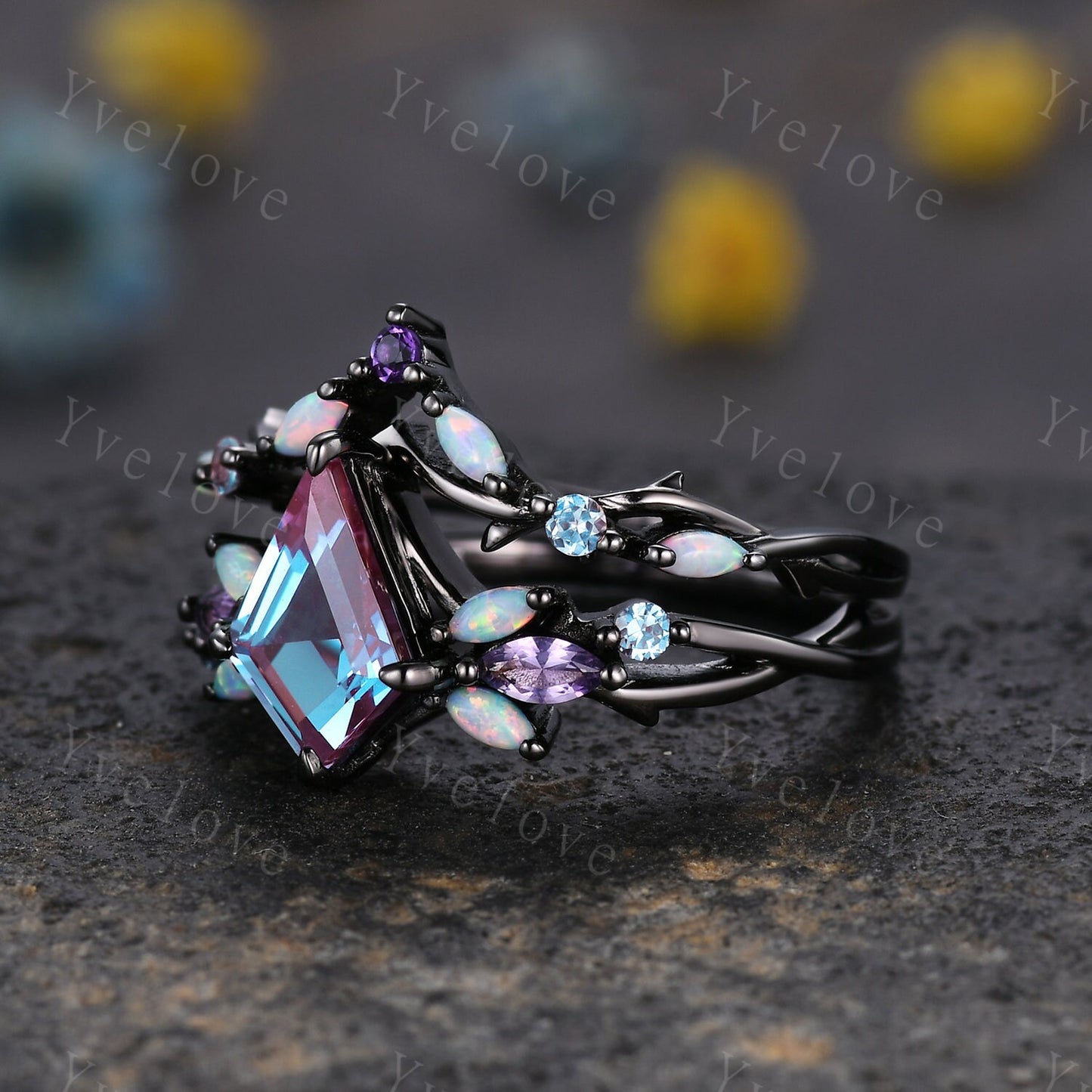 Vintage Kite Alexandrite Engagement Ring Set,Black Gold,Vines Amethyst Opal Ring,Women Bridal Set,Unique Twig Anniversary Promise Ring Gift