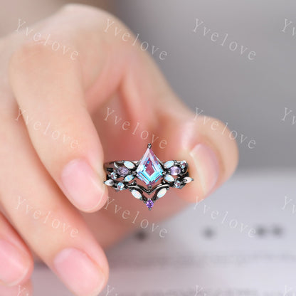 Vintage Kite Alexandrite Engagement Ring Set,Black Gold,Vines Amethyst Opal Ring,Women Bridal Set,Unique Twig Anniversary Promise Ring Gift