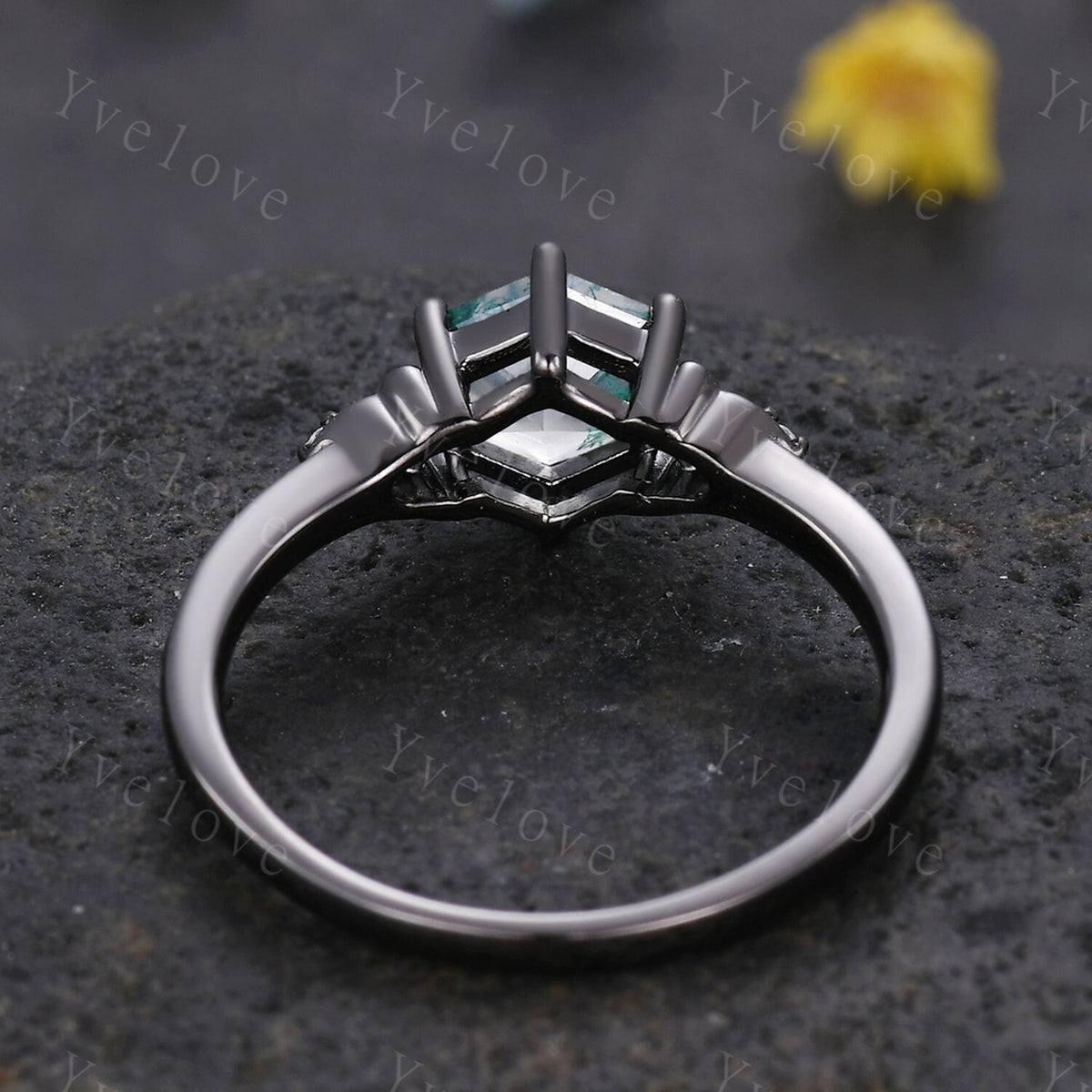 Hexagon Cut Alexandrite Engagement Ring Set Vintage Black Gold Ring Unique black wedding band,Diamond Wrap guard Band Celtic Gothic Ring